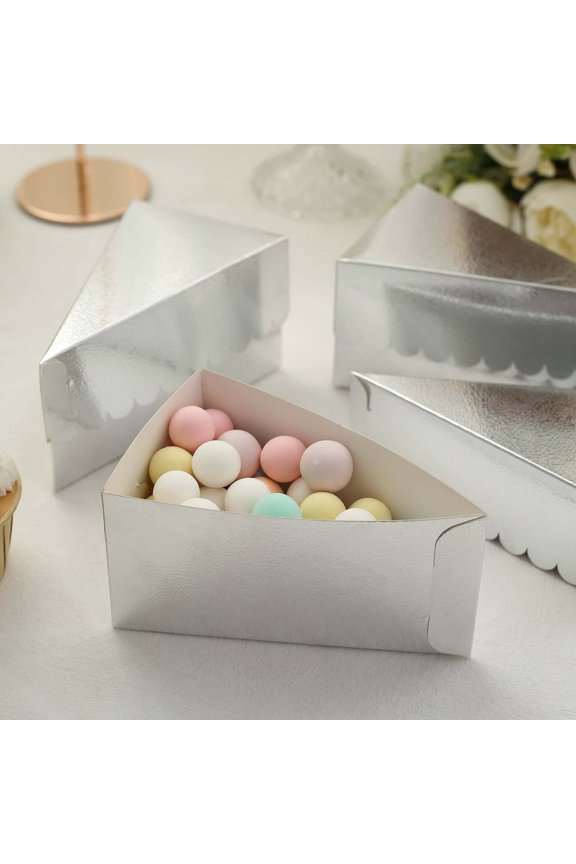 10 Pack | 5"X3" Silver Foil Single Slice Triangular Paper Dessert Boxes, Single Serving Cake Slice Box With Scalloped Top