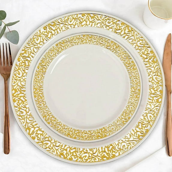 Efavormart 10 Pack - 6" Ivory Round Disposable Plastic Salad Dessert Plates With Gold Lace Design Rim for Weddings, Birthdays, Parties, Gathering, Graduation Ceremonies, Special Events
