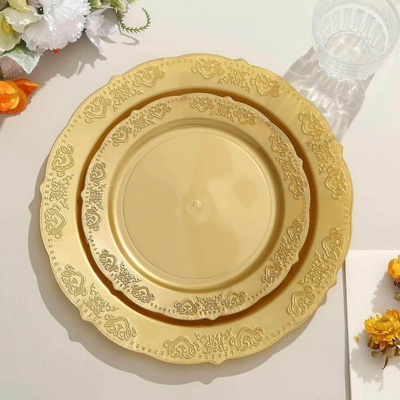Efavormart 10 Pack | 7.5" Gold Embossed Hard Plastic Dessert Appetizer Plates, Disposable Round Salad Plates With Scalloped Edges