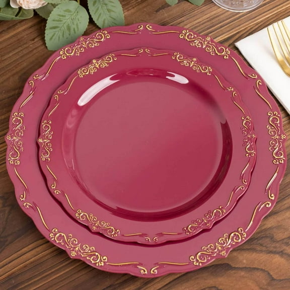 Efavormart 10 Pack | 7" Burgundy Vintage Rim Clear Hard Plastic Dessert Plates With Embossed Scalloped Edges, Disposable Salad Plates