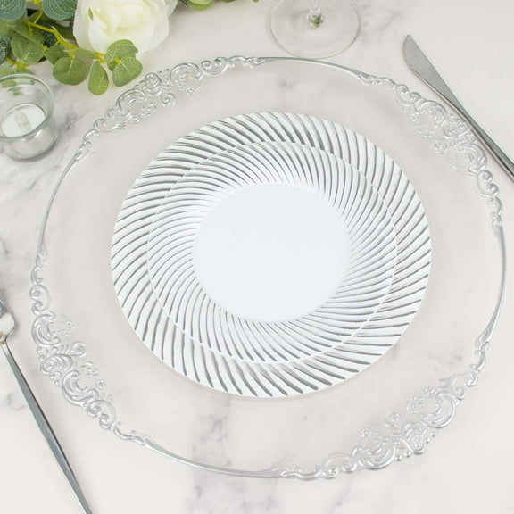 Efavormart 10 Pack | 7" White / Silver Swirl Rim Plastic Dessert Appetizer Plates, Round Disposable Salad Plates