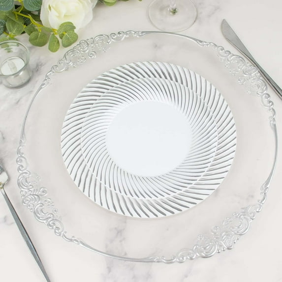 Efavormart 10 Pack | 7" White / Silver Swirl Rim Plastic Dessert Appetizer Plates, Round Disposable Salad Plates