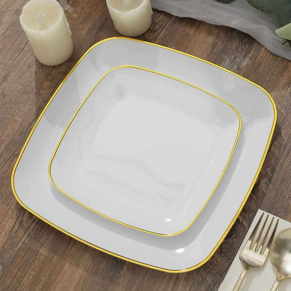 Efavormart 10 Pack | 7" White With Gold Rim Square Plastic Dessert Party Plates, Disposable Appetizer Salad Plates