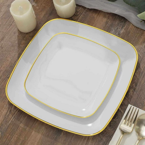 Efavormart 10 Pack | 7" White With Gold Rim Square Plastic Dessert Party Plates, Disposable Appetizer Salad Plates