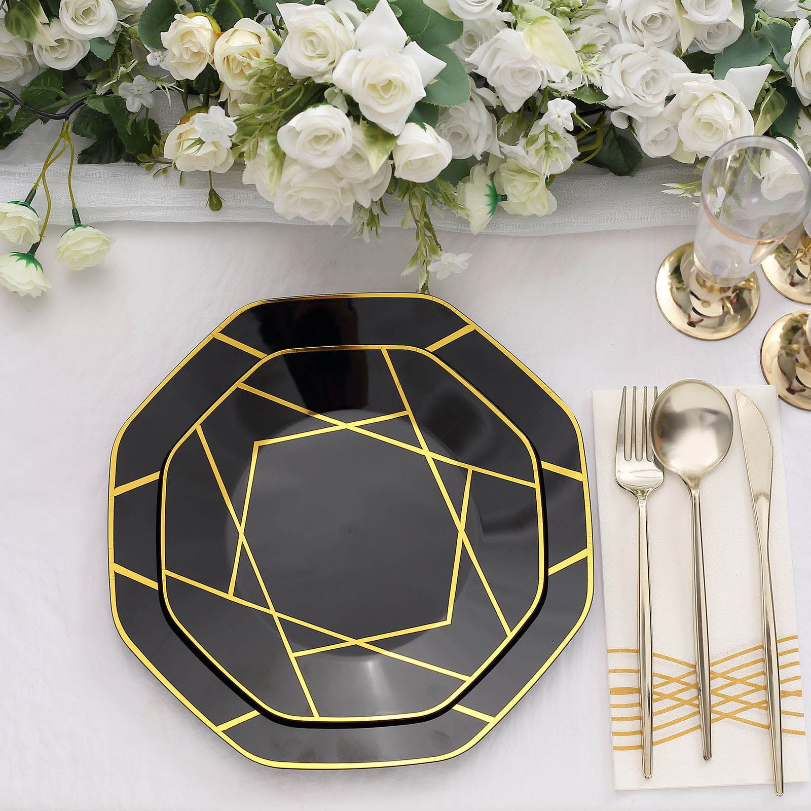 Efavormart 10 Pack 8" Black / Gold Geometric Design Plastic Dessert