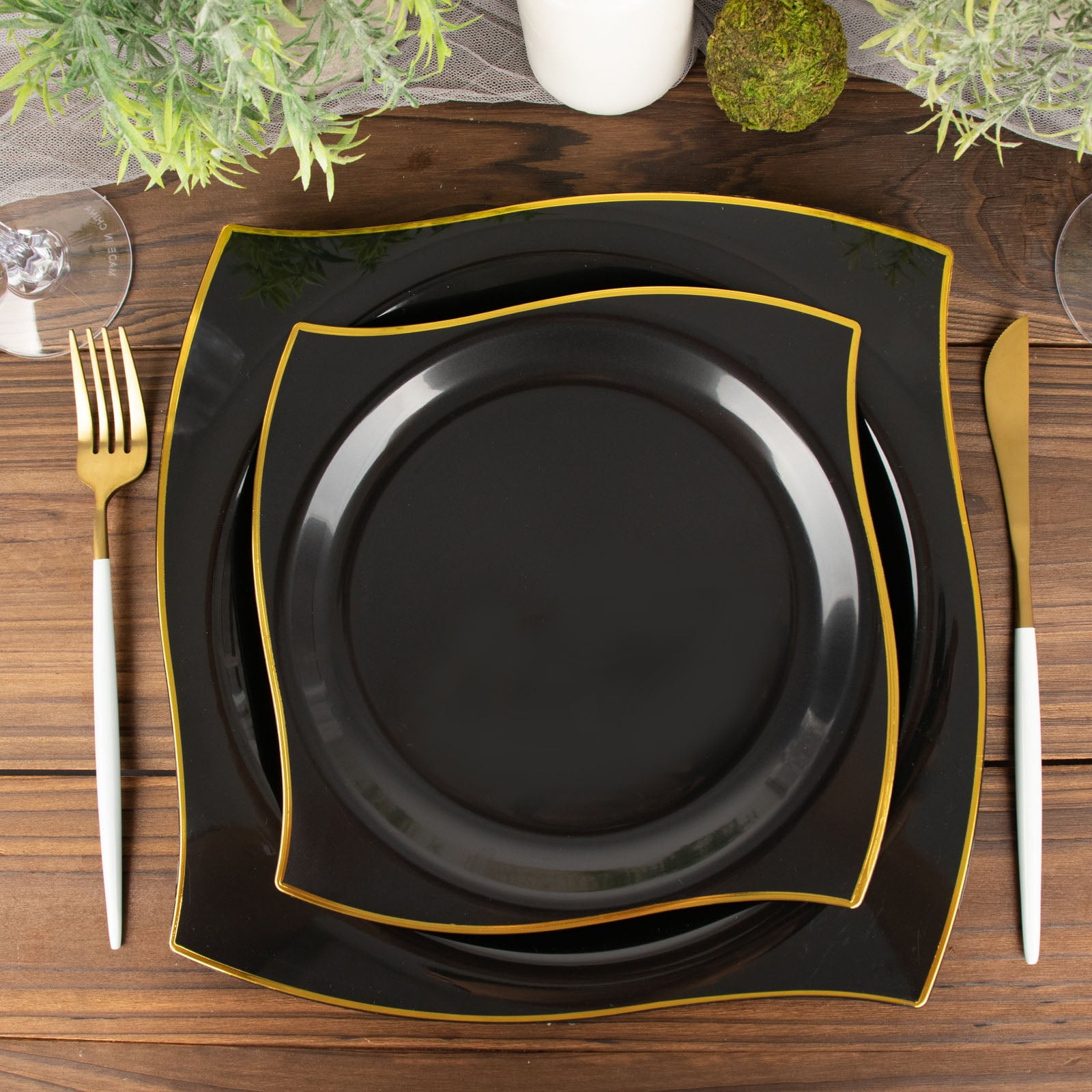 Efavormart 10 Pack | 8" Black / Gold Wavy Rim Square Hard Plastic ...
