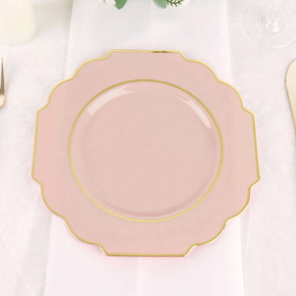 Efavormart 10 Pack | 8" Blush/Rose Gold Hard Plastic Dessert Appetizer Plates, Disposable Tableware, Baroque Heavy Duty Salad Plates with Gold Rim