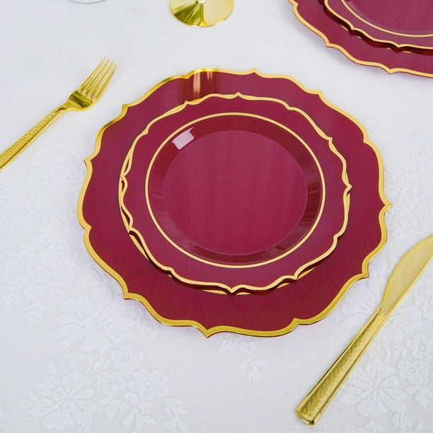 Efavormart 10 Pack | 8" Burgundy Plastic Dessert Salad Plates, Disposable Tableware Round With ...
