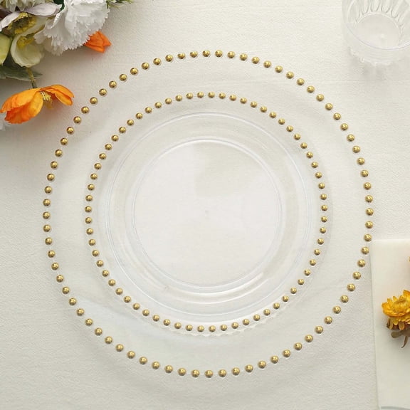 Efavormart 10 Pack | 8" Clear / Gold Beaded Rim Plastic Dinner Plates, Disposable Round Party Plates