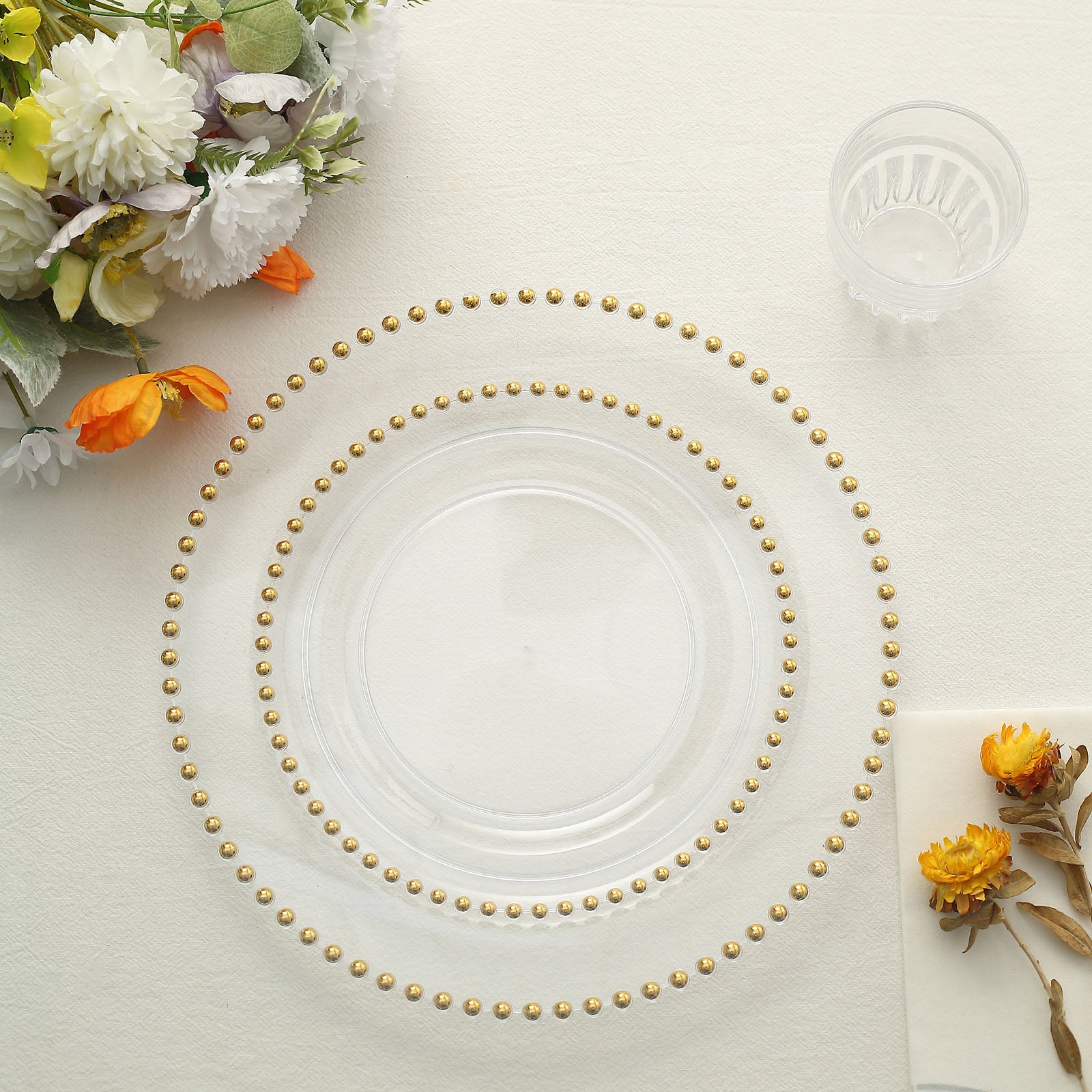 Efavormart 10 Pack 8" Clear / Gold Beaded Rim Plastic Dinner Plates