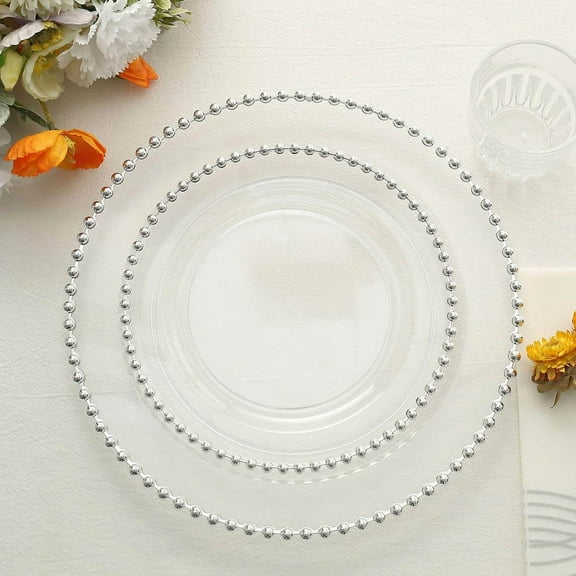 Efavormart 10 Pack | 8" Clear / Silver Beaded Rim Plastic Dinner Plates, Disposable Round Party Plates