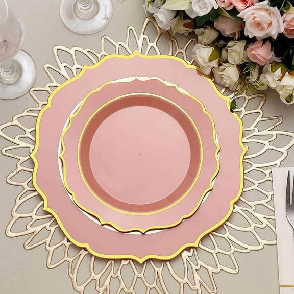 Efavormart 10 Pack | 8" Dusty Rose Plastic Dessert Salad Plates, Disposable Tableware Round With Gold Scalloped Rim for Wedding, Outdoor Receptions, Banquets, Holiday Dining