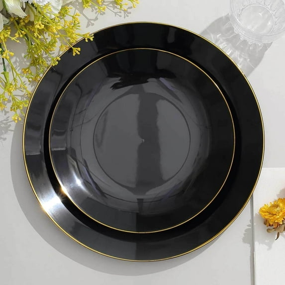 Efavormart 10 Pack | 8" Glossy Black Round Plastic Dinner Plates With Gold Rim, Disposable Party Plates