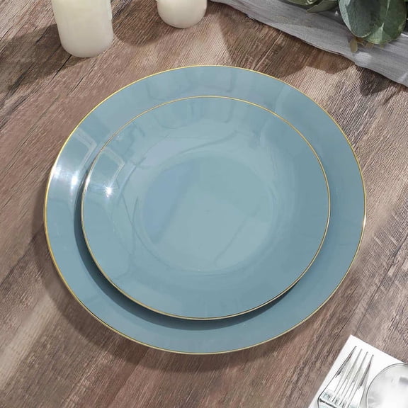 Efavormart 10 Pack | 8" Glossy Dusty Blue Round Plastic Dinner Plates With Gold Rim, Disposable Party Plates