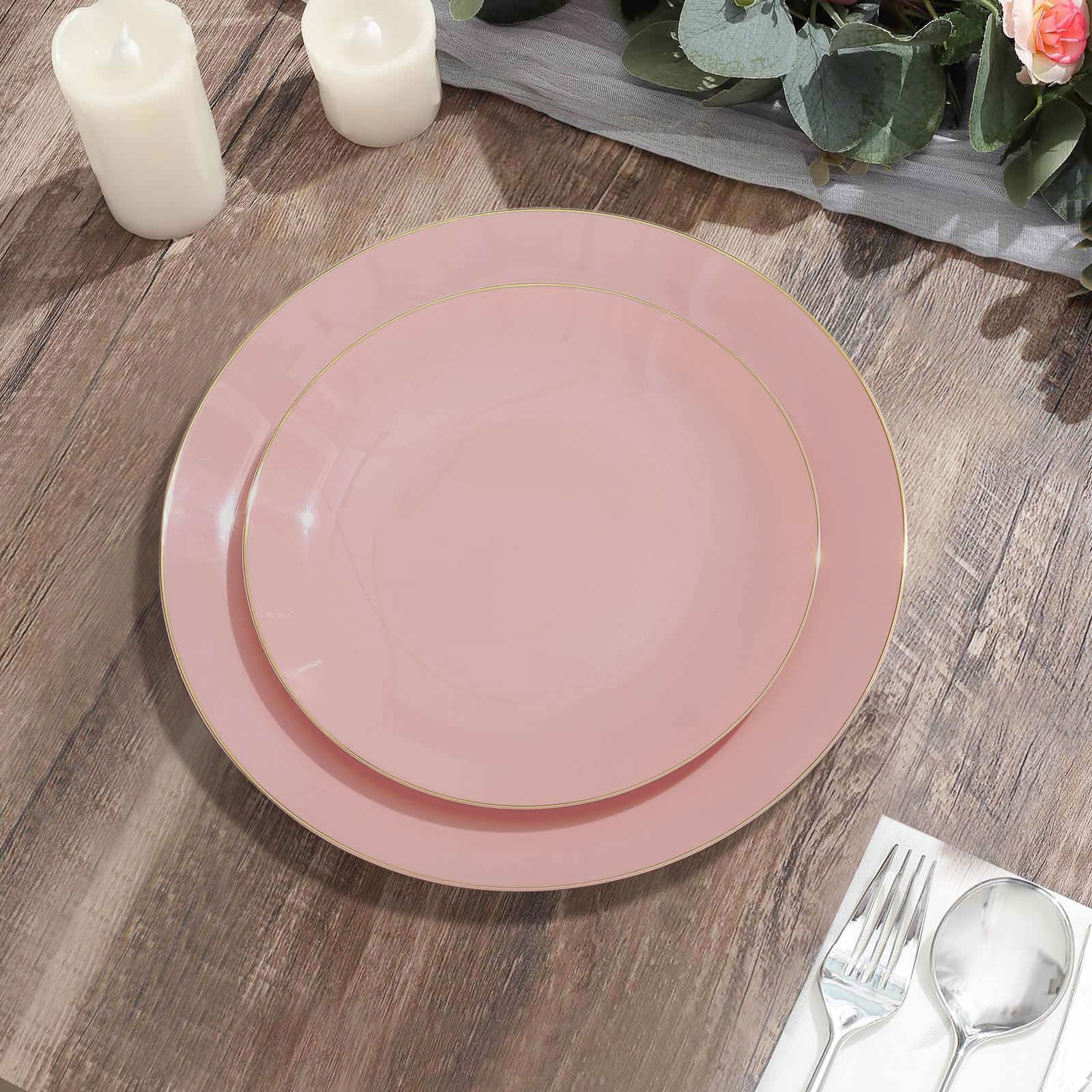 Efavormart 10 Pack | 8" Glossy Dusty Rose Round Plastic Dinner Plates With Gold Rim, Disposable ...