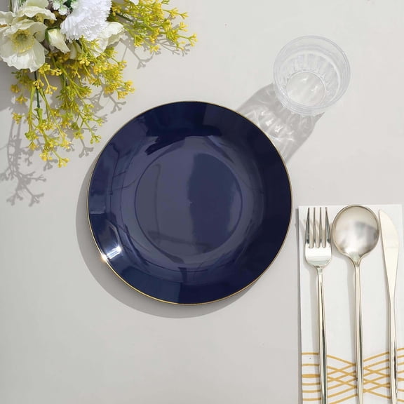 Efavormart 10 Pack | 8" Glossy Navy Blue Round Plastic Dinner Plates With Gold Rim, Disposable Party Plates