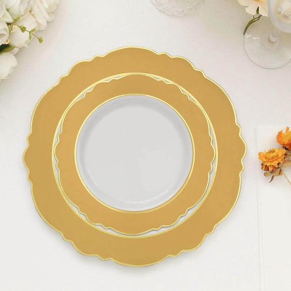 Efavormart 10 Pack | 8" Gold / White Plastic Dessert Plates With Round Blossom Design, Disposable Salad Appetizer Plates With Gold Rim