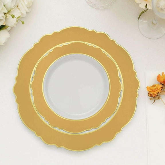 Efavormart 10 Pack | 8" Gold / White Plastic Dessert Plates With Round Blossom Design, Disposable Salad Appetizer Plates With Gold Rim