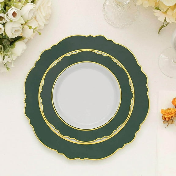 Efavormart 10 Pack | 8" Hunter Emerald Green / White Plastic Dessert Plates With Round Blossom Design, Disposable Salad Appetizer Plates With Gold Rim