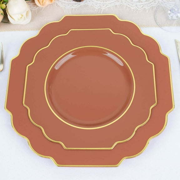 Efavormart 10 Pack | 8" Terracotta Hard Plastic Dessert Appetizer Plates, Disposable Tableware, Baroque Heavy Duty Salad Plates With Gold Rim