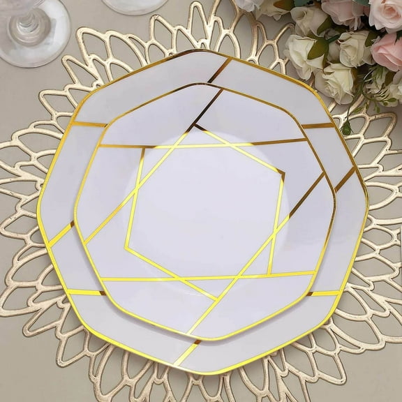 Efavormart 10 Pack | 8" White / Gold Geometric Design Plastic Dessert Plates, Disposable Octagon Salad/Appetizer Party Plates