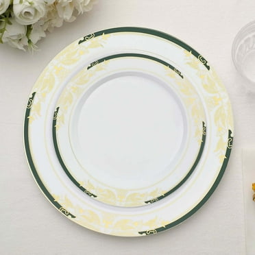 Efavormart 10 Pack | 8" White With Hunter Emerald Green Rim Plastic Appetizer Salad Plates, Round With Gold Vine Design