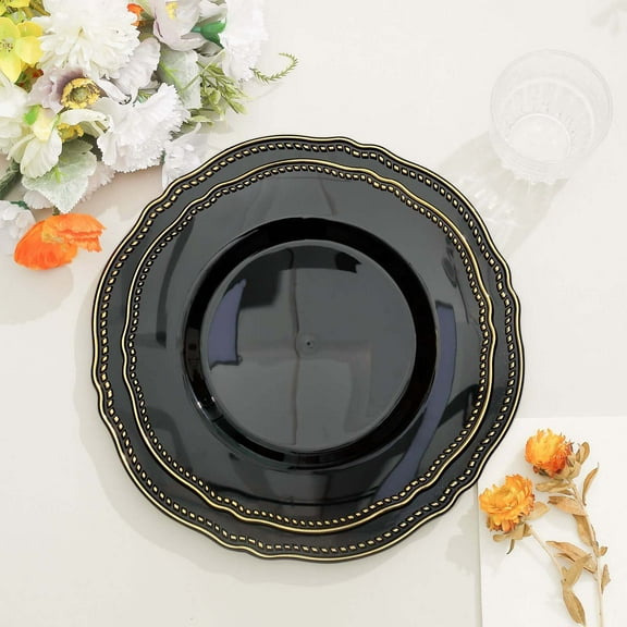 Efavormart 10 Pack | 9" Black / Gold Scalloped Rim Plastic Dinner Plates, Disposable Party Plates For Weddings Party Events