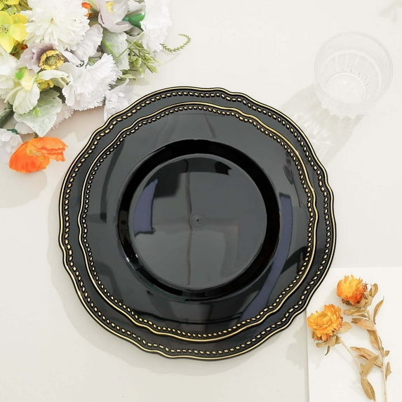Efavormart 10 Pack | 9" Black / Gold Scalloped Rim Plastic Dinner Plates, Disposable Party Plates For Weddings Party Events