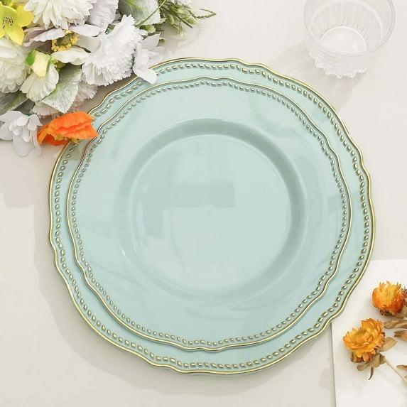 Efavormart 10 Pack | 9" Jade / Gold Scalloped Rim Plastic Dinner Plates, Disposable Party Plates For Weddings Party Events