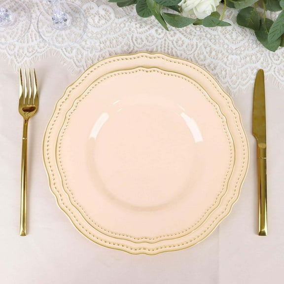 Efavormart 10 Pack | 9" Nude / Gold Scalloped Rim Plastic Dinner Plates, Disposable Party Plates For Weddings Party Events