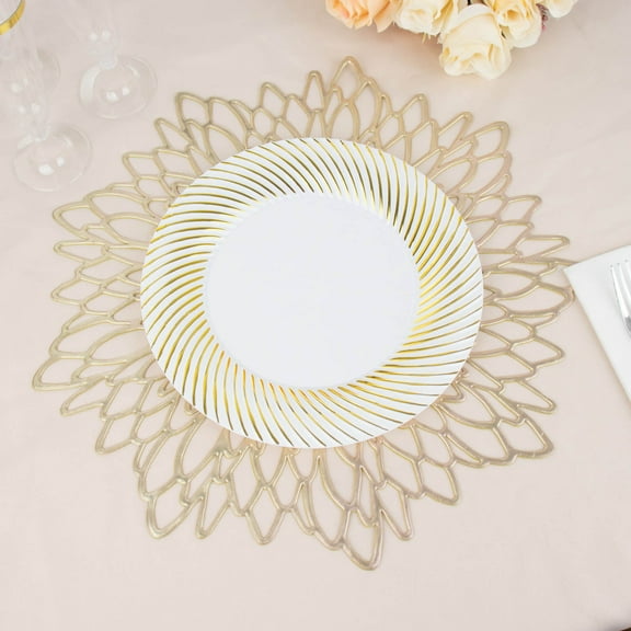Efavormart 10 Pack | 9" White / Gold Swirl Rim Plastic Dinner Plates, Round Disposable Party Plates