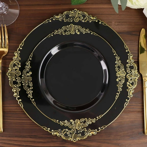Efavormart 10 Pack | Black/Gold Baroque 8" Round Plastic Dessert Salad Plates, Disposable Tableware with Leaf Embossed Gold Rim