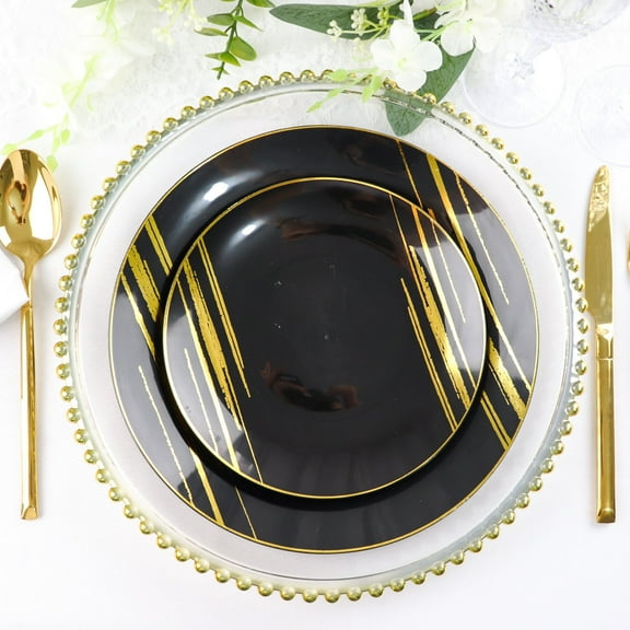 Efavormart 10 Pack | Black & Gold Brush Stroked 7" Round Plastic Dessert Plates, Disposable Appetizer Salad Party Plates
