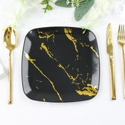 Efavormart 10 Pack | Black/Gold Marble 8 Square Plastic Salad Plates, Disposable Party Plates