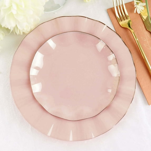 Efavormart 10 Pack | Blush / Rose Gold 6" Round Plastic Dessert Salad Plates, Disposable Appetizer Plates with Gold Wavy Rim for Wedding, Outdoor Receptions, Banquets, Holiday Dining