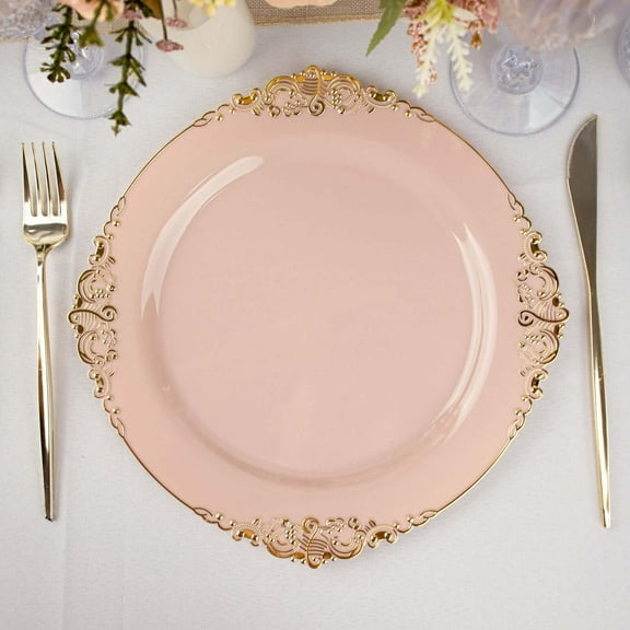 Efavormart 10 Pack | Blush Rose Gold Baroque 10" Round Plastic Dinner Plates, Disposable Tableware with Leaf Embossed Gold Rim