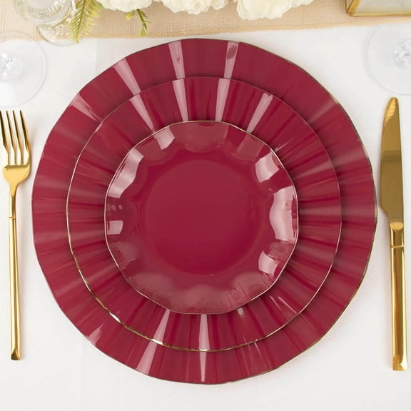 Efavormart 10 Pack | Burgundy 6" Round Plastic Dessert Salad Plates, Disposable Appetizer Plates with Gold Wavy Rim for Wedding, Outdoor Receptions, Banquets, Holiday Dining