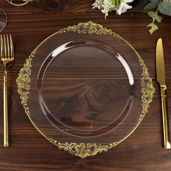 Efavormart 10 Pack | Clear/Gold Baroque 10" Round Plastic Dinner Plates, Disposable Tableware with Leaf Embossed Gold Rim