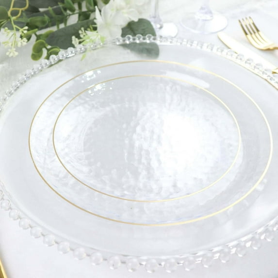 Efavormart 10 Pack | Clear Hammered 9" Round Plastic Dessert Appetizer Plates With Gold Rim, Disposable Salad Party Plate