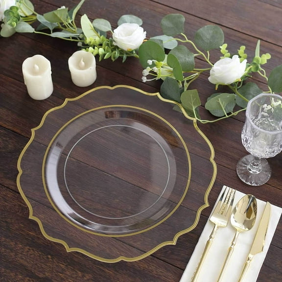 Efavormart 10 Pack Clear Plastic Dinner Serving Plates With Gold Scalloped Rim, 13" Round Decorative Charger Plates