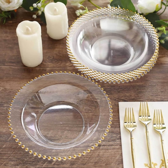 Efavormart 10 Pack Clear Plastic Soup Bowls with Gold Beaded Rim, Round Disposable Dessert Salad Bowls - 12oz