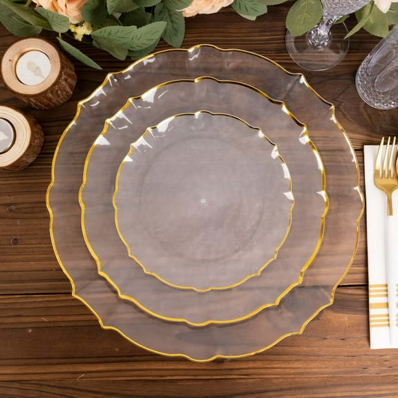 Efavormart 10 Pack Clear Sunflower Plastic Dessert Appetizer Plates with Gold Scalloped Rim, Round Disposable Salad Plates - 7"