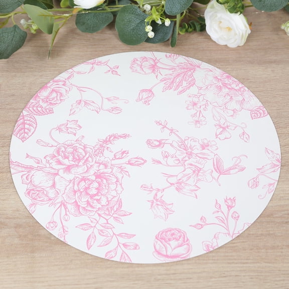 Efavormart 10 Pack Disposable Placemats in French Toile Floral Pattern, 13" Matte Pink and White Cardboard Paper Charger Plates