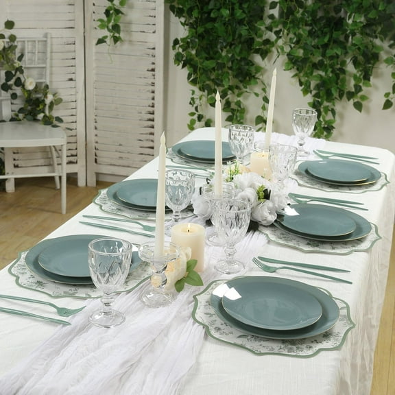 Efavormart 10-Pack Disposable Table Placemats 13" White with Sage Green French Toile Pattern & Scalloped Rim - 400GSM Cardboard Placemats for Classy Events