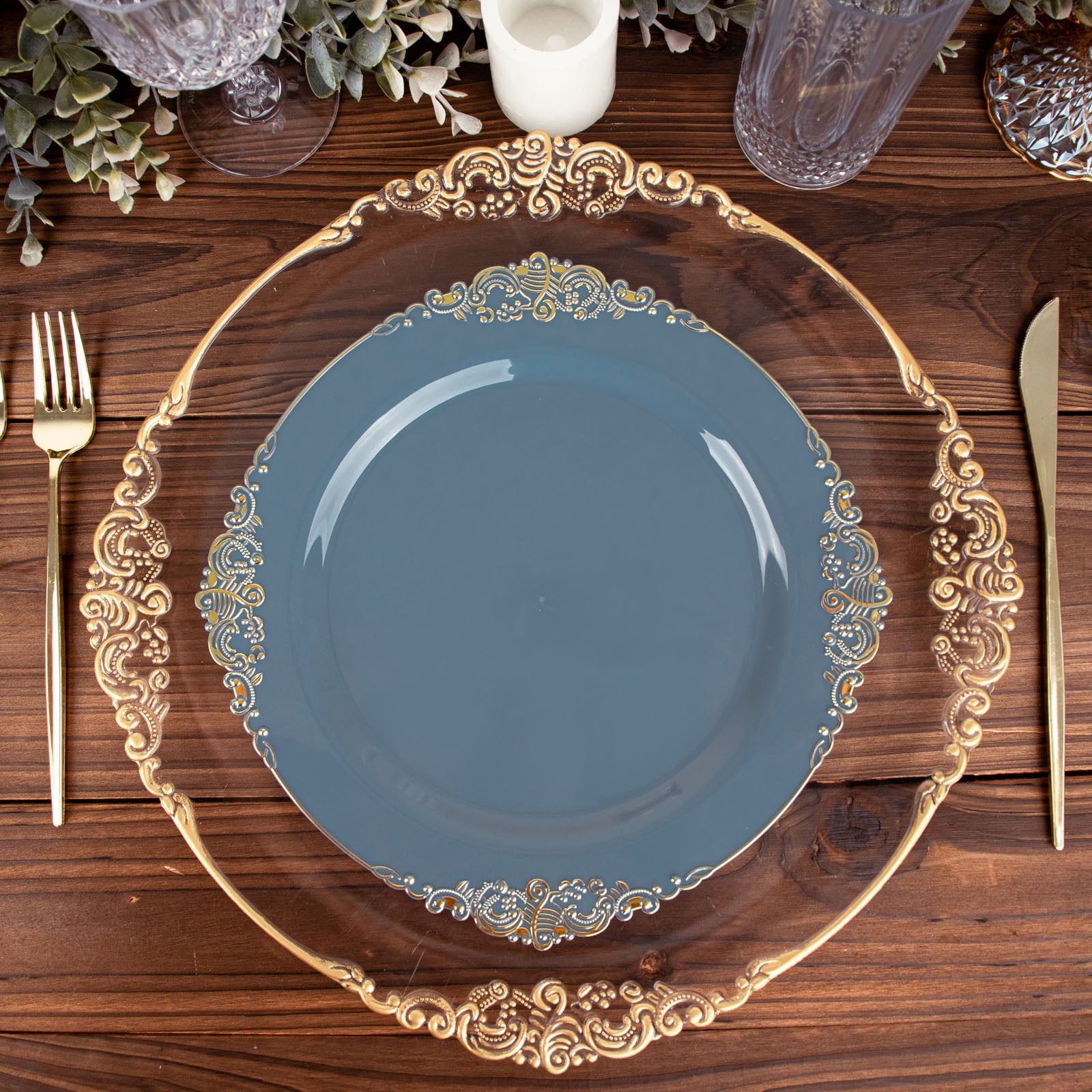 Efavormart 10 Pack | Dusty Blue/Gold Baroque 10" Round Plastic Dinner ...