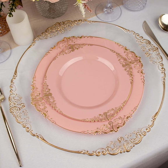 Efavormart 10 Pack | Dusty Rose/Gold Baroque 8" Round Plastic Dessert Salad Plates, Disposable Tableware with Leaf Embossed Gold Rim