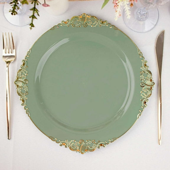 Efavormart 10 Pack | Dusty Sage/Gold Baroque 10" Round Plastic Dinner Plates, Disposable Tableware with Leaf Embossed Gold Rim
