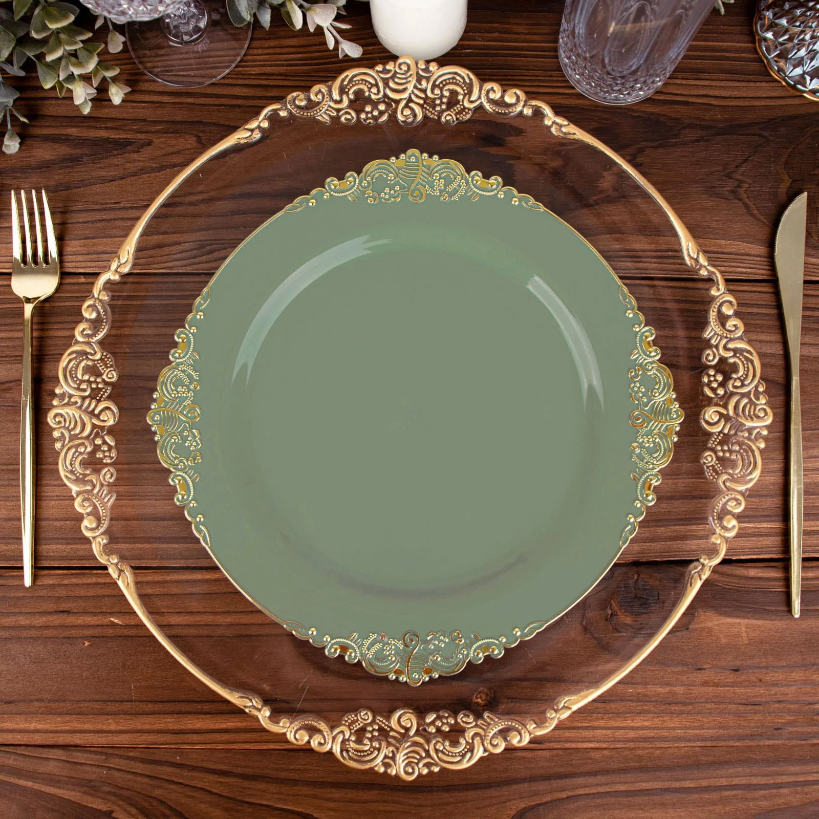 Efavormart 10 Pack | Dusty Sage/Gold Baroque 10" Round Plastic Dinner ...