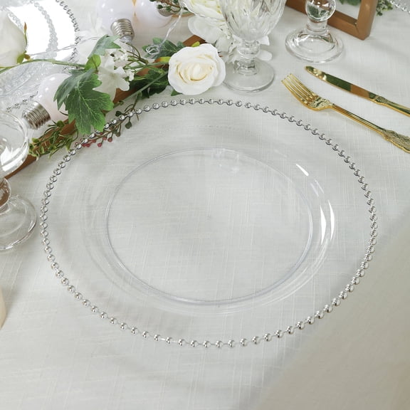 Efavormart 10-Pack Economy Plastic Charger Plates 13" Round Clear with Silver Beaded Rim - Stylish Dinner Party Serving Plates