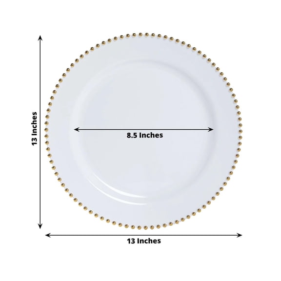 Efavormart 10-Pack Economy Plastic Charger Plates 13" Round White with Gold Beaded Rim - Stylish Dinner Party Serving Plates